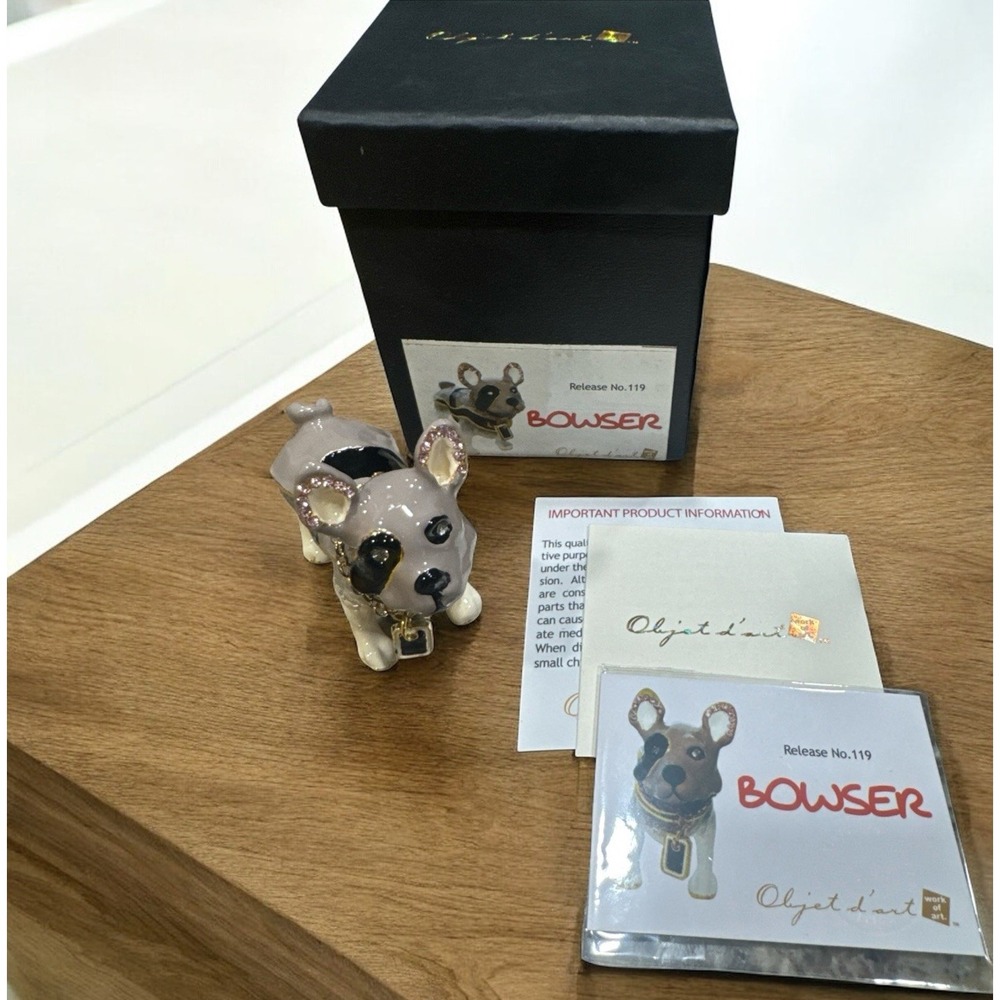 Objet D'Art #119 BOWSER Dog With Gold Chain Blinged Hinged Trinket Box‎
